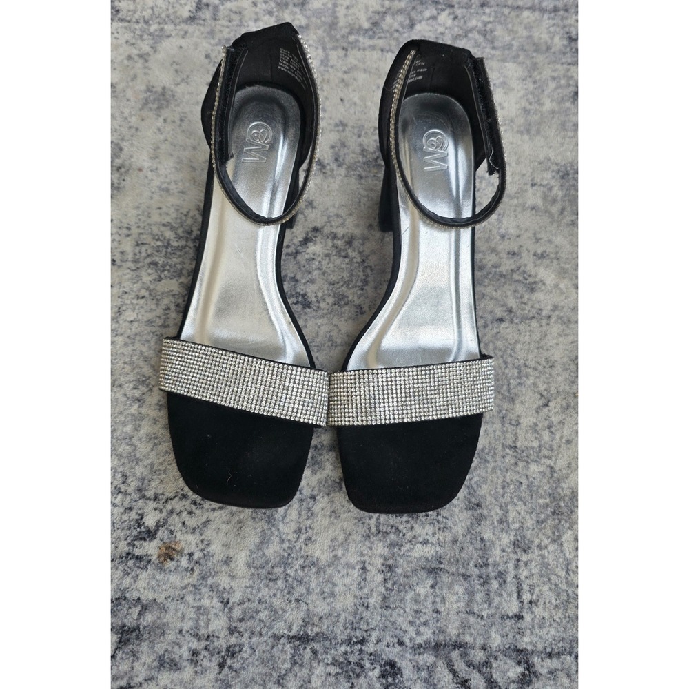 C&M Womens Black Rhinestone Ankle Strap Block Heel Sandals Square Toe Size 7.5 M